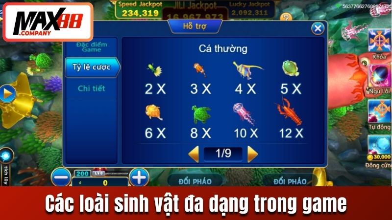 Các loài sinh vật biển đa dạng trong game