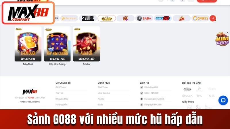 Sảnh GO88 với nhiều mức hũ hấp dẫn