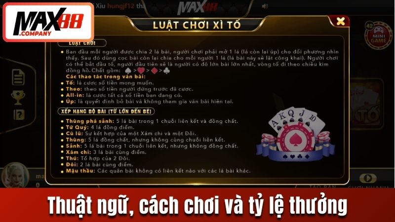 Thuật ngữ, cách chơi và tỷ lệ thưởng trong trò chơi Xì tố Max88